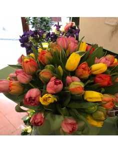 Bouquet of mixed colours tulips